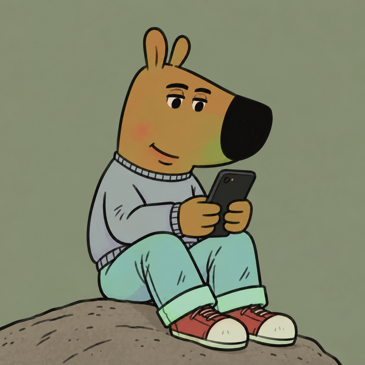 Chill character sitting with a phone